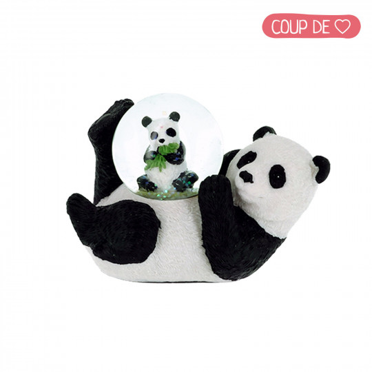 Boule neige panda allongé et son bébé